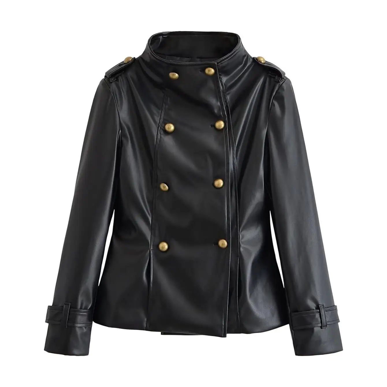 TFMLN Autumn Women Faux Leather Jacket Slim Double Breasted Stand Collar Long Sleeve Short PU Coat Vintage Casual Outerwear