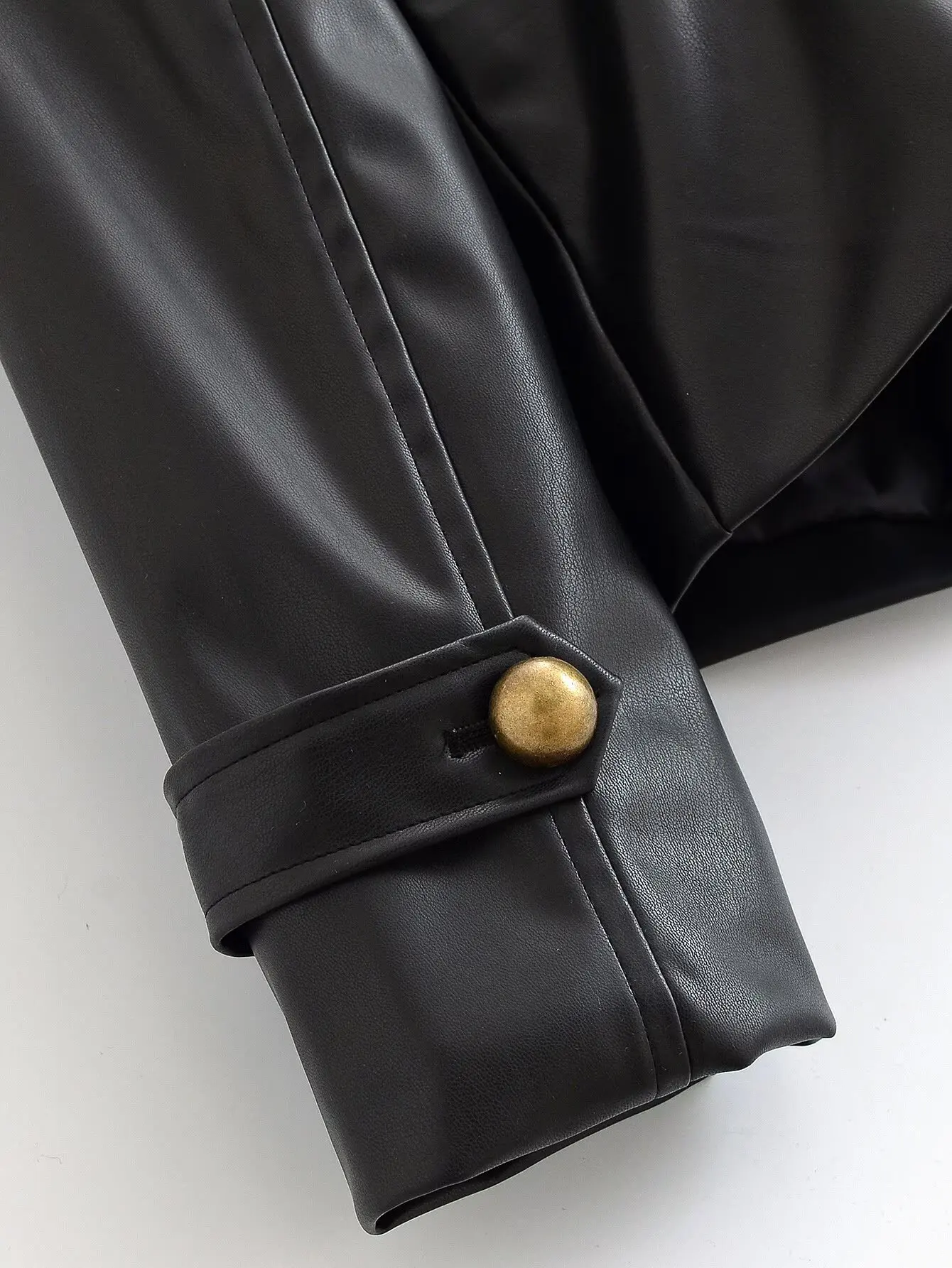 TFMLN Autumn Women Faux Leather Jacket Slim Double Breasted Stand Collar Long Sleeve Short PU Coat Vintage Casual Outerwear