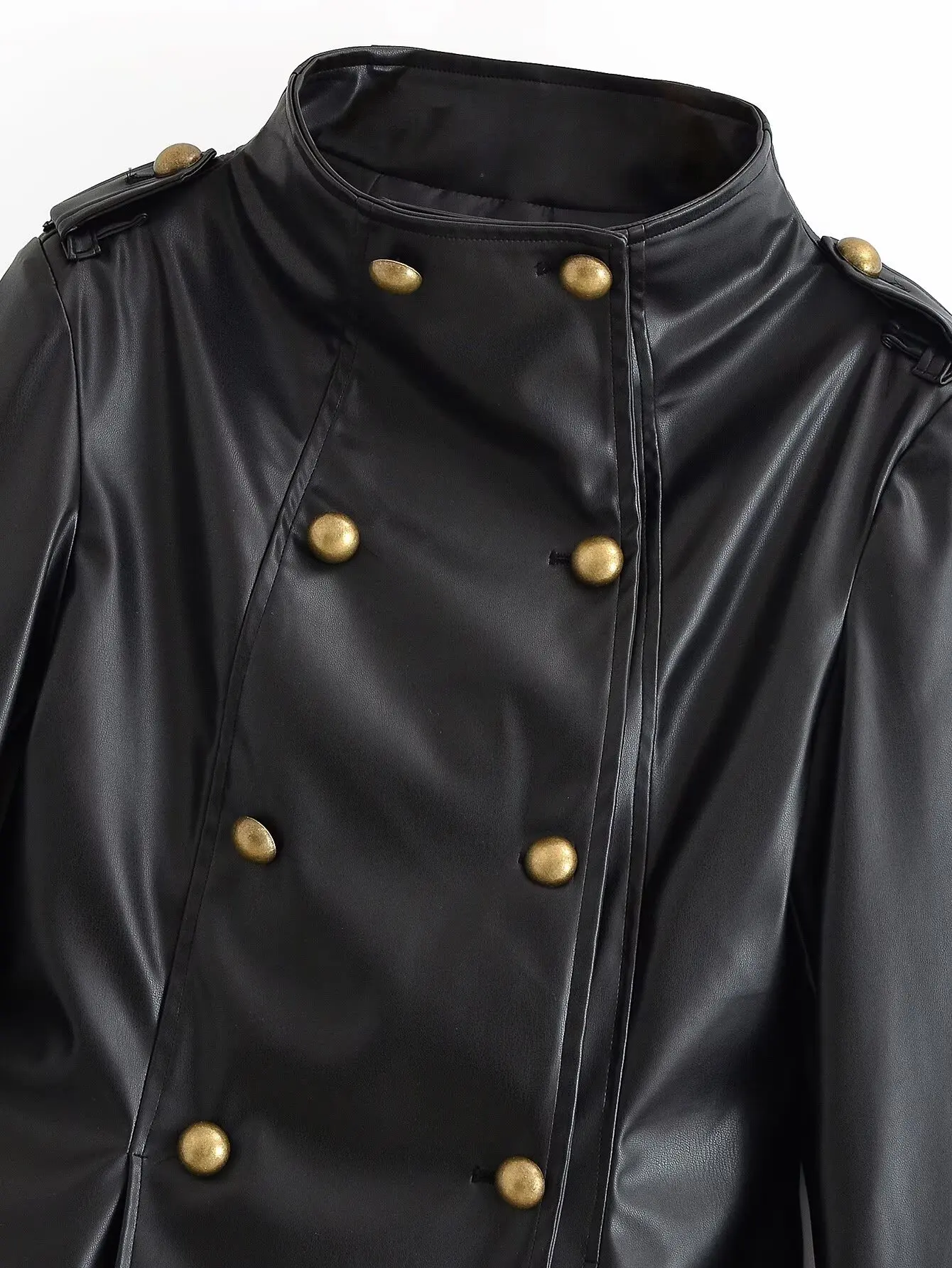 TFMLN Autumn Women Faux Leather Jacket Slim Double Breasted Stand Collar Long Sleeve Short PU Coat Vintage Casual Outerwear