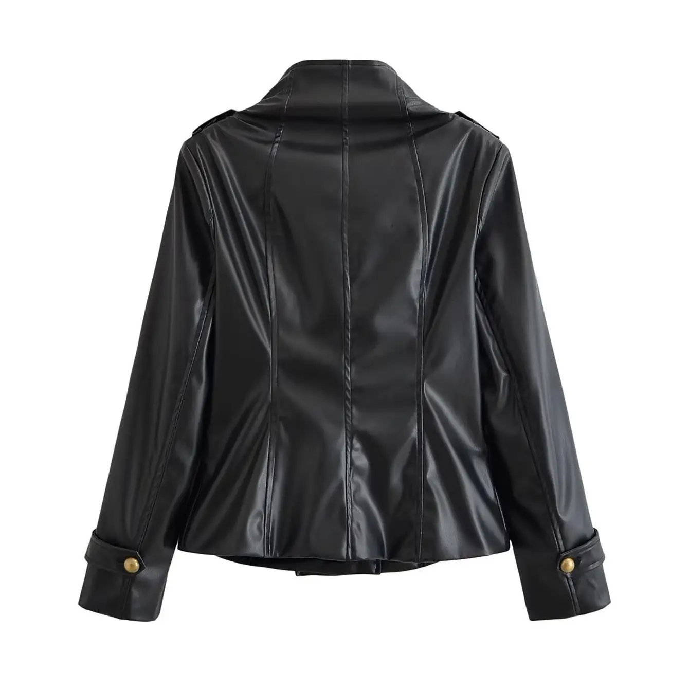 TFMLN Autumn Women Faux Leather Jacket Slim Double Breasted Stand Collar Long Sleeve Short PU Coat Vintage Casual Outerwear