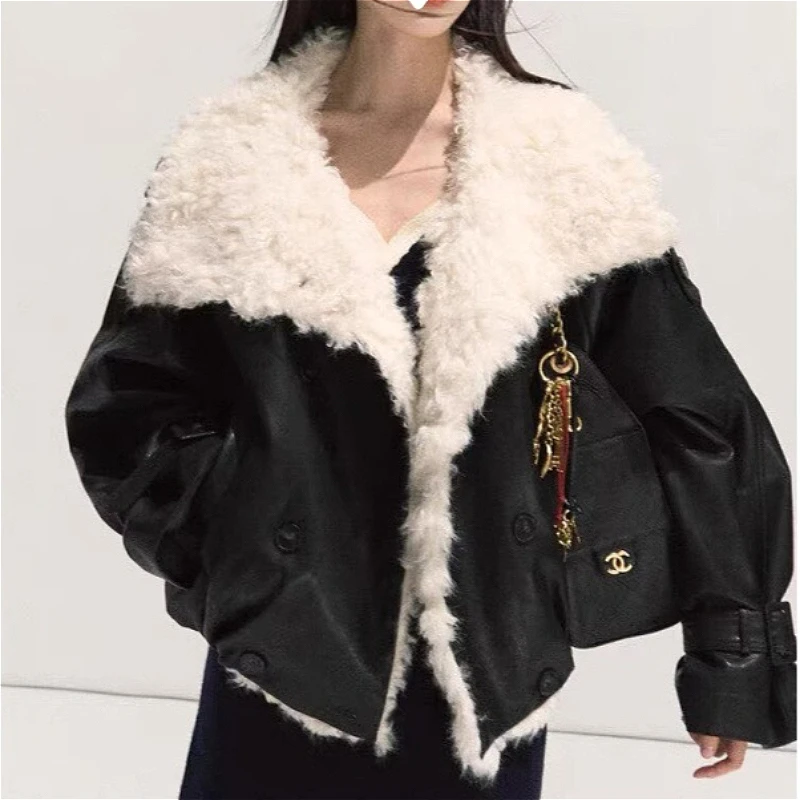 Women Faux Leather Labm Fur Lined Coats Solid Jacket Turn Down Collar Long Sleeves Single Breasted Loose Streetwear 2026 Autumn
