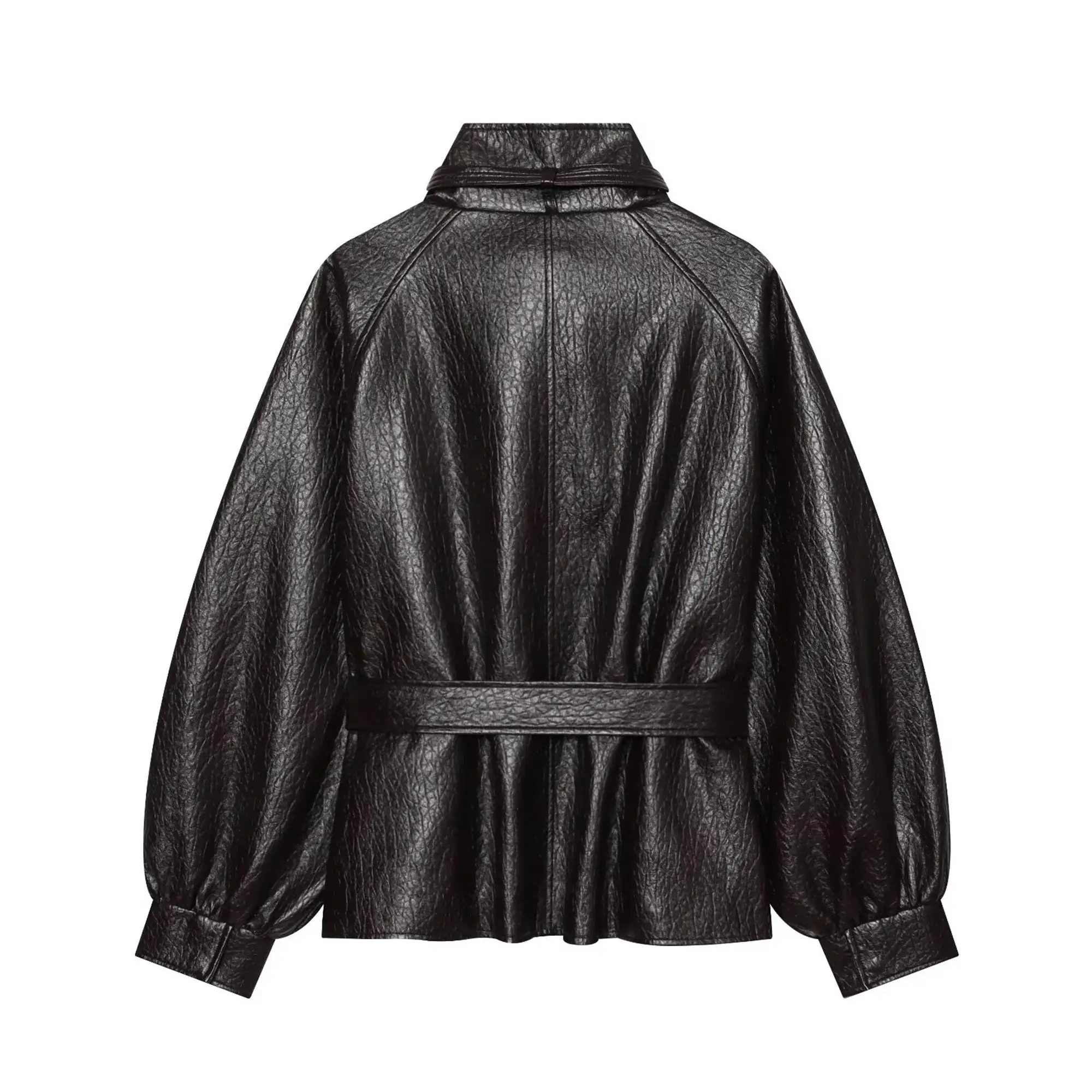 Women's Leather Jacket Fashion Loose Fit Faux PU Short Coat New Female Stand Collar Streetwear Casual Black Long Sleeve Jacket
