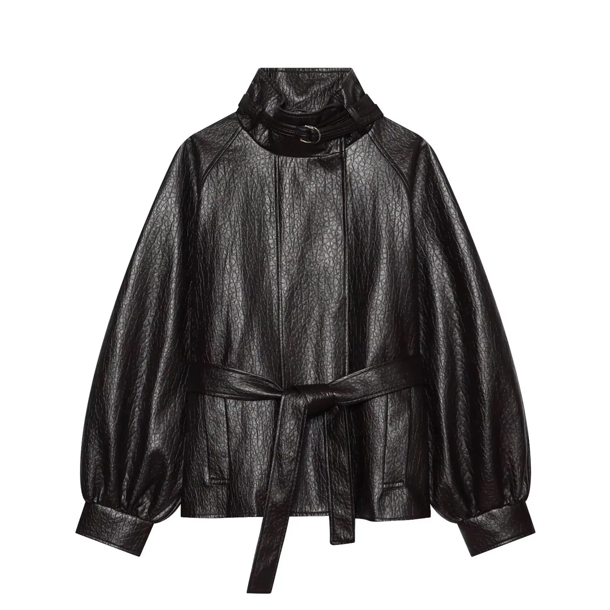 Women's Leather Jacket Fashion Loose Fit Faux PU Short Coat New Female Stand Collar Streetwear Casual Black Long Sleeve Jacket
