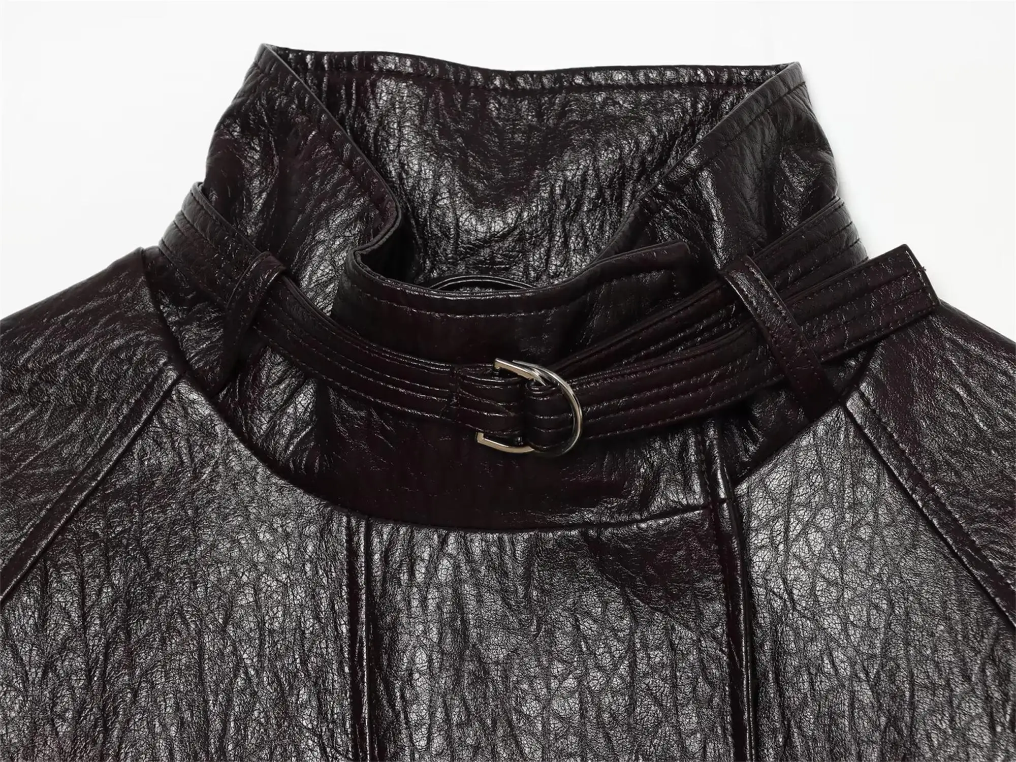 Women's Leather Jacket Fashion Loose Fit Faux PU Short Coat New Female Stand Collar Streetwear Casual Black Long Sleeve Jacket