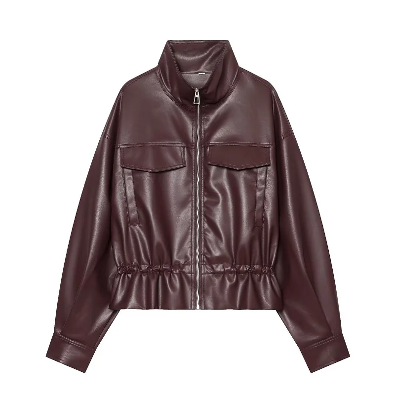 MUJER Faux Leather Bomber Jackets for Women Autumn Pleated Zip Women's Jacket Drawstring Outdoor Womens Coats Fashion Outerwears