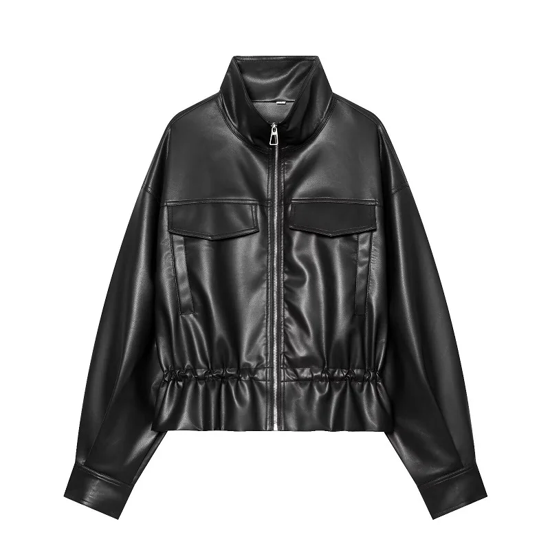 MUJER Faux Leather Bomber Jackets for Women Autumn Pleated Zip Women's Jacket Drawstring Outdoor Womens Coats Fashion Outerwears