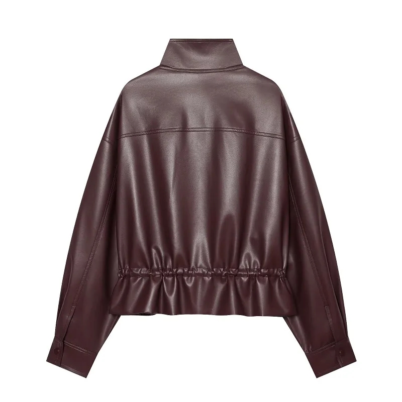 MUJER Faux Leather Bomber Jackets for Women Autumn Pleated Zip Women's Jacket Drawstring Outdoor Womens Coats Fashion Outerwears