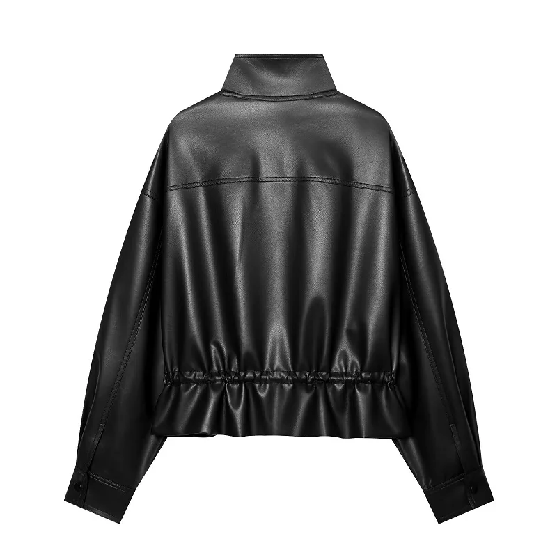 MUJER Faux Leather Bomber Jackets for Women Autumn Pleated Zip Women's Jacket Drawstring Outdoor Womens Coats Fashion Outerwears