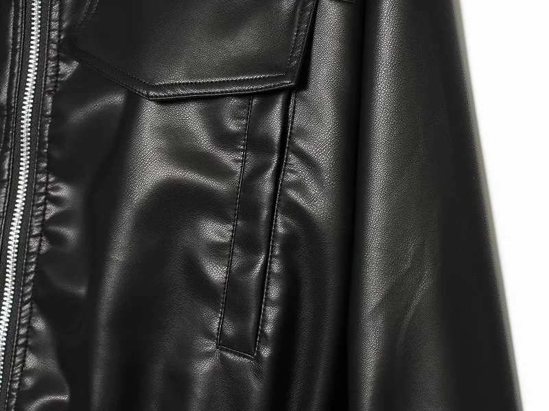 MUJER Faux Leather Bomber Jackets for Women Autumn Pleated Zip Women's Jacket Drawstring Outdoor Womens Coats Fashion Outerwears