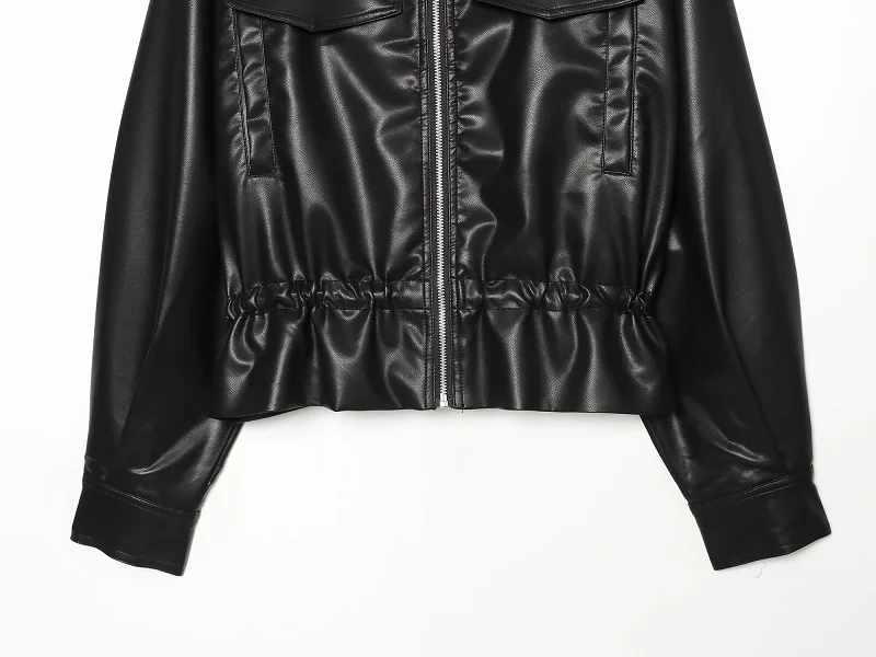 MUJER Faux Leather Bomber Jackets for Women Autumn Pleated Zip Women's Jacket Drawstring Outdoor Womens Coats Fashion Outerwears