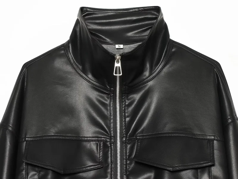MUJER Faux Leather Bomber Jackets for Women Autumn Pleated Zip Women's Jacket Drawstring Outdoor Womens Coats Fashion Outerwears