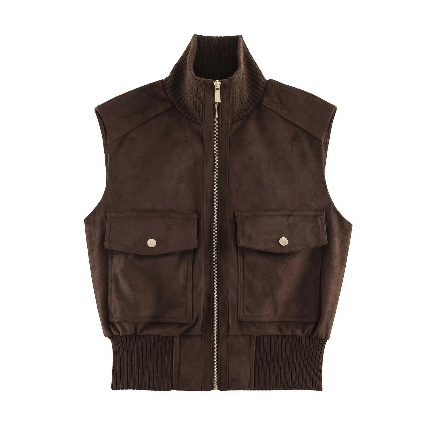 2026 Autumn Women's Elegant Coffee Faux Leather Suede Vest Jackets Lady Retro Pockets Zipper Sleeveless Waistcoats Streetwear