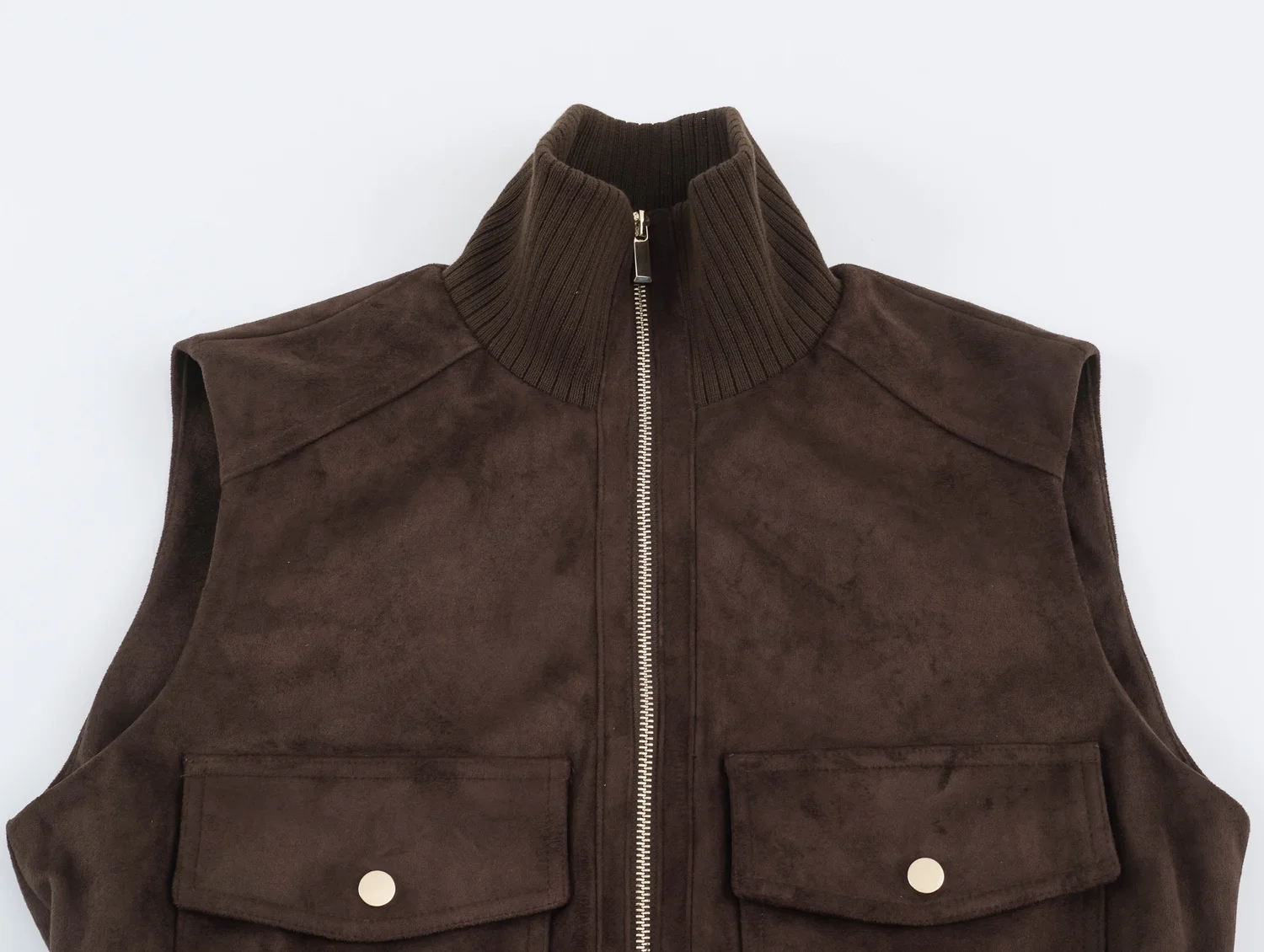 2026 Autumn Women's Elegant Coffee Faux Leather Suede Vest Jackets Lady Retro Pockets Zipper Sleeveless Waistcoats Streetwear