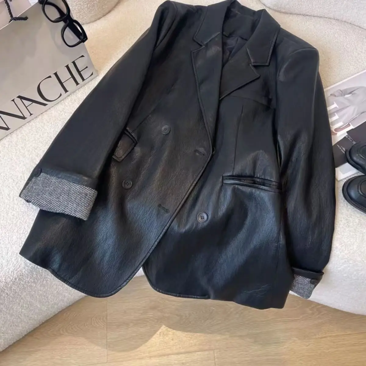 Women Faux Leather Suit Coats Solid Jacket Turn Down Collar Long Sleeve Double Breasted Loose Fit Office Lady Casual 2026 Autumn