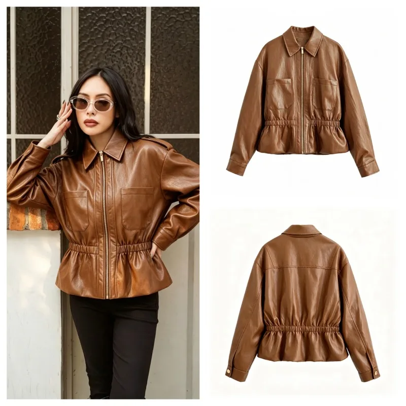 Guobioziy New Women's Classic Commuter Style Versatile High End Two Tone PU Leather Short Jacket Zipper Closure Polyester Fiber