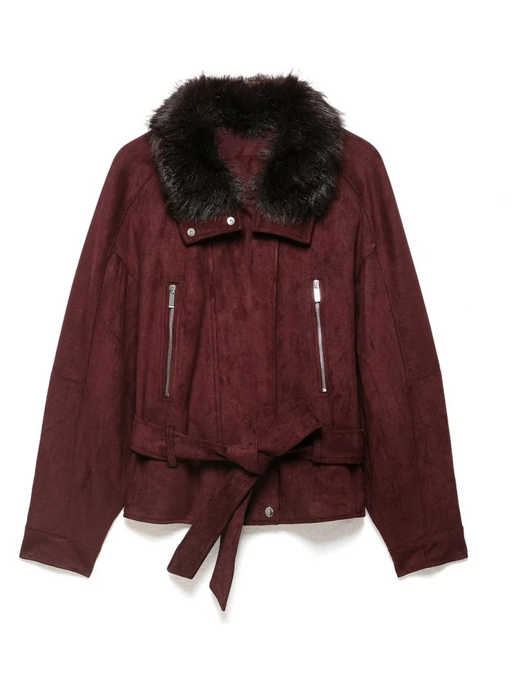 AACHOAE Women Faux Suede Jacket Faux Fur Collar Belted Waist Vintage Cropped Coat Long Sleeve Zip Pocket Autumn Winter Outerwear
