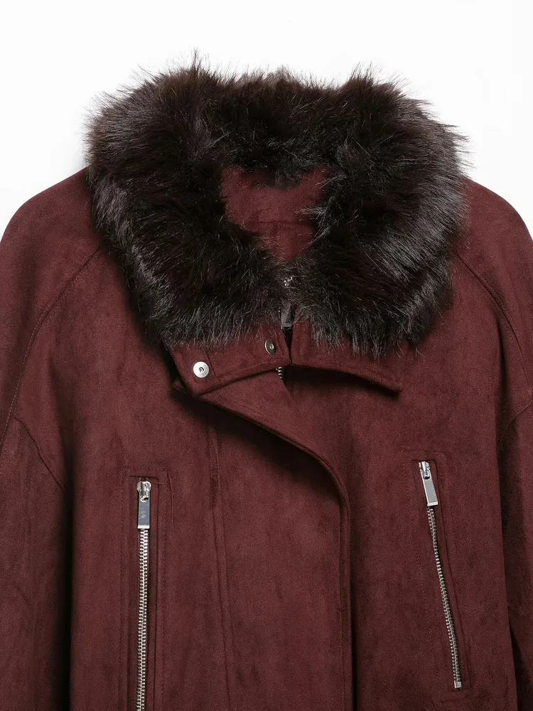 AACHOAE Women Faux Suede Jacket Faux Fur Collar Belted Waist Vintage Cropped Coat Long Sleeve Zip Pocket Autumn Winter Outerwear