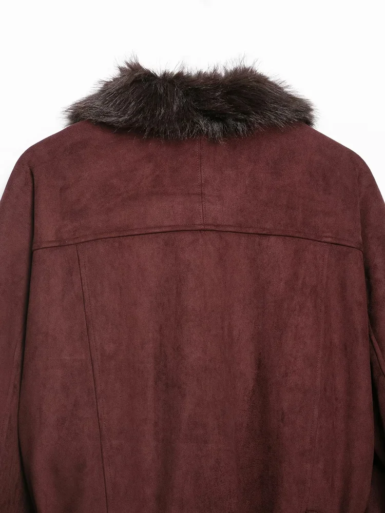 AACHOAE Women Faux Suede Jacket Faux Fur Collar Belted Waist Vintage Cropped Coat Long Sleeve Zip Pocket Autumn Winter Outerwear