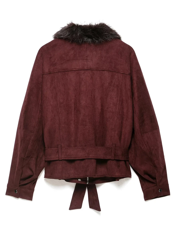 AACHOAE Women Faux Suede Jacket Faux Fur Collar Belted Waist Vintage Cropped Coat Long Sleeve Zip Pocket Autumn Winter Outerwear