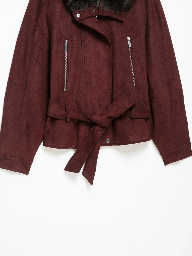 AACHOAE Women Faux Suede Jacket Faux Fur Collar Belted Waist Vintage Cropped Coat Long Sleeve Zip Pocket Autumn Winter Outerwear