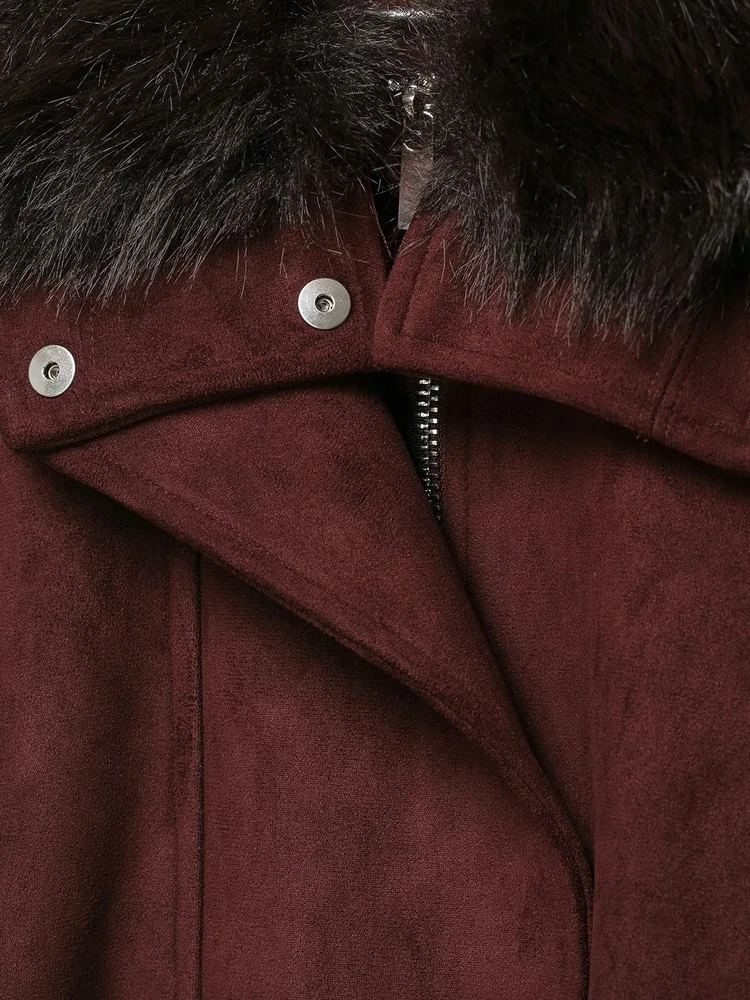 AACHOAE Women Faux Suede Jacket Faux Fur Collar Belted Waist Vintage Cropped Coat Long Sleeve Zip Pocket Autumn Winter Outerwear