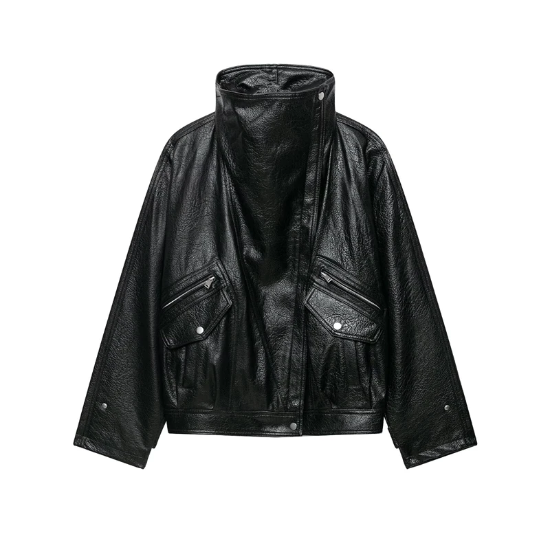 Guobioziy Women's Slim-Fit Pleated Faux Leather Jacket 2026 Spring-Autumn New European Casual Fashion Trend Motorcycle Street