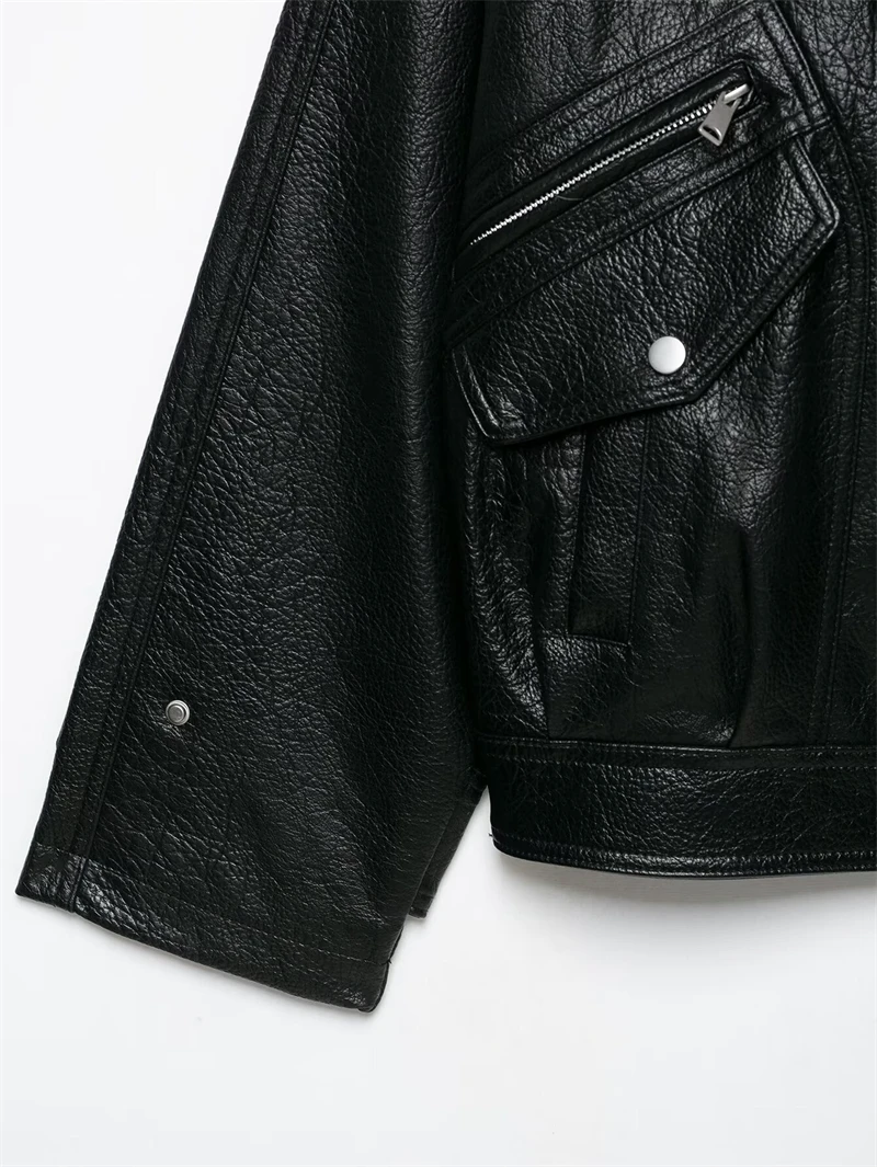 Guobioziy Women's Slim-Fit Pleated Faux Leather Jacket 2026 Spring-Autumn New European Casual Fashion Trend Motorcycle Street
