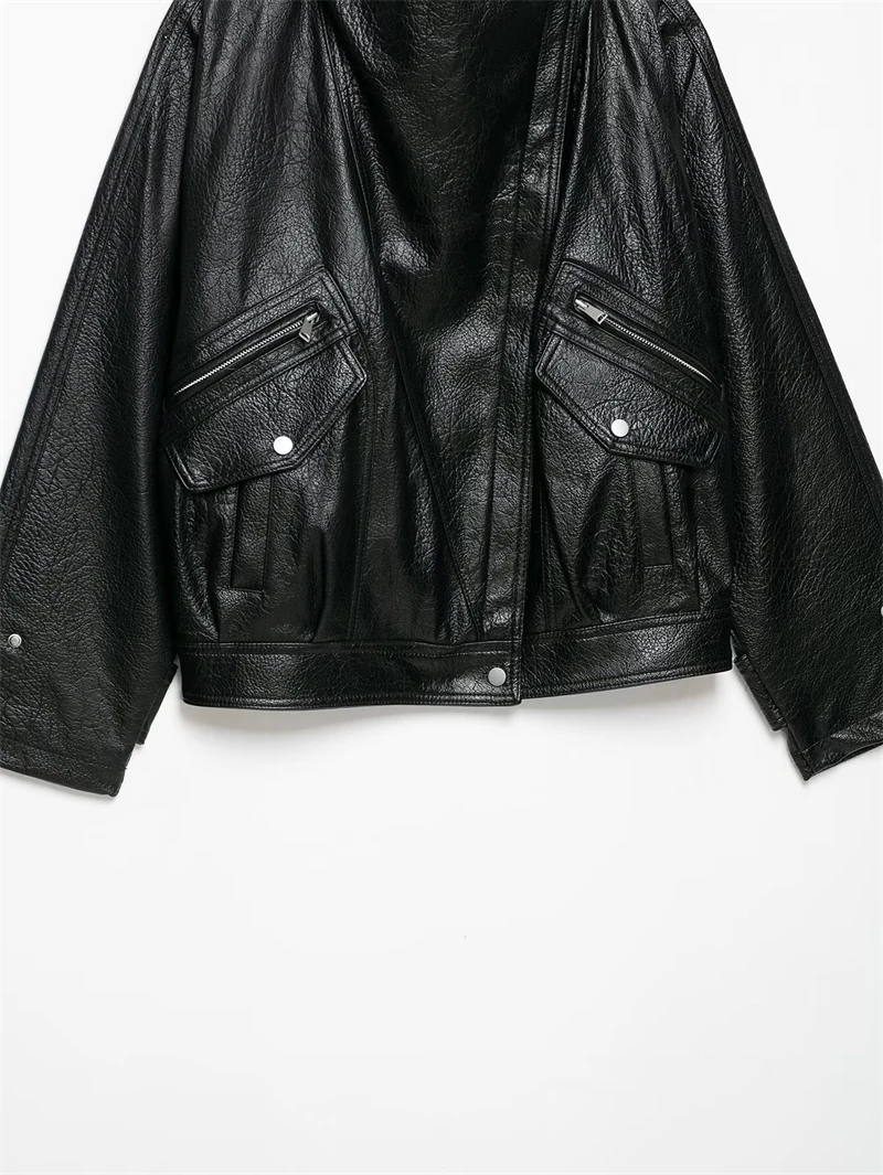 Guobioziy Women's Slim-Fit Pleated Faux Leather Jacket 2026 Spring-Autumn New European Casual Fashion Trend Motorcycle Street
