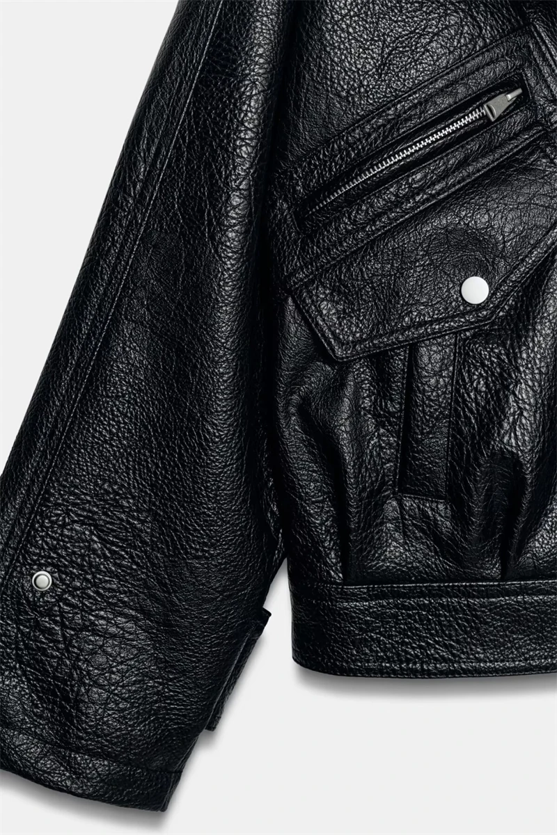 Guobioziy Women's Slim-Fit Pleated Faux Leather Jacket 2026 Spring-Autumn New European Casual Fashion Trend Motorcycle Street