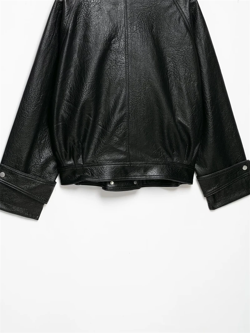 Guobioziy Women's Slim-Fit Pleated Faux Leather Jacket 2026 Spring-Autumn New European Casual Fashion Trend Motorcycle Street