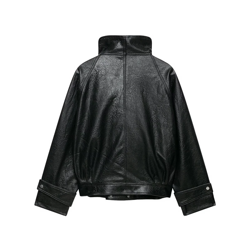 Guobioziy Women's Slim-Fit Pleated Faux Leather Jacket 2026 Spring-Autumn New European Casual Fashion Trend Motorcycle Street