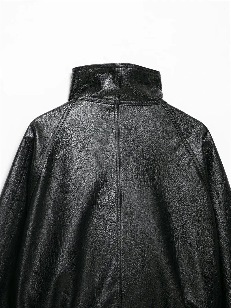 Guobioziy Women's Slim-Fit Pleated Faux Leather Jacket 2026 Spring-Autumn New European Casual Fashion Trend Motorcycle Street