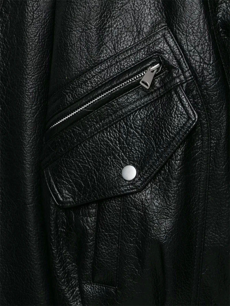 Guobioziy Women's Slim-Fit Pleated Faux Leather Jacket 2026 Spring-Autumn New European Casual Fashion Trend Motorcycle Street