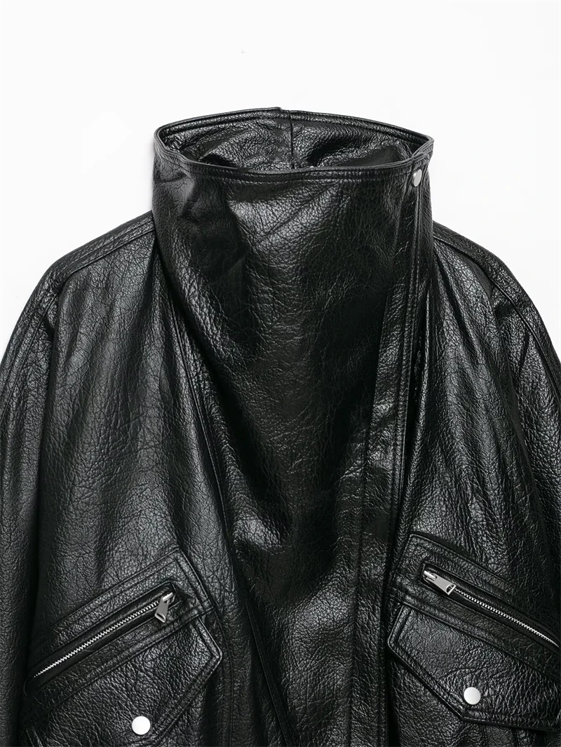 Guobioziy Women's Slim-Fit Pleated Faux Leather Jacket 2026 Spring-Autumn New European Casual Fashion Trend Motorcycle Street
