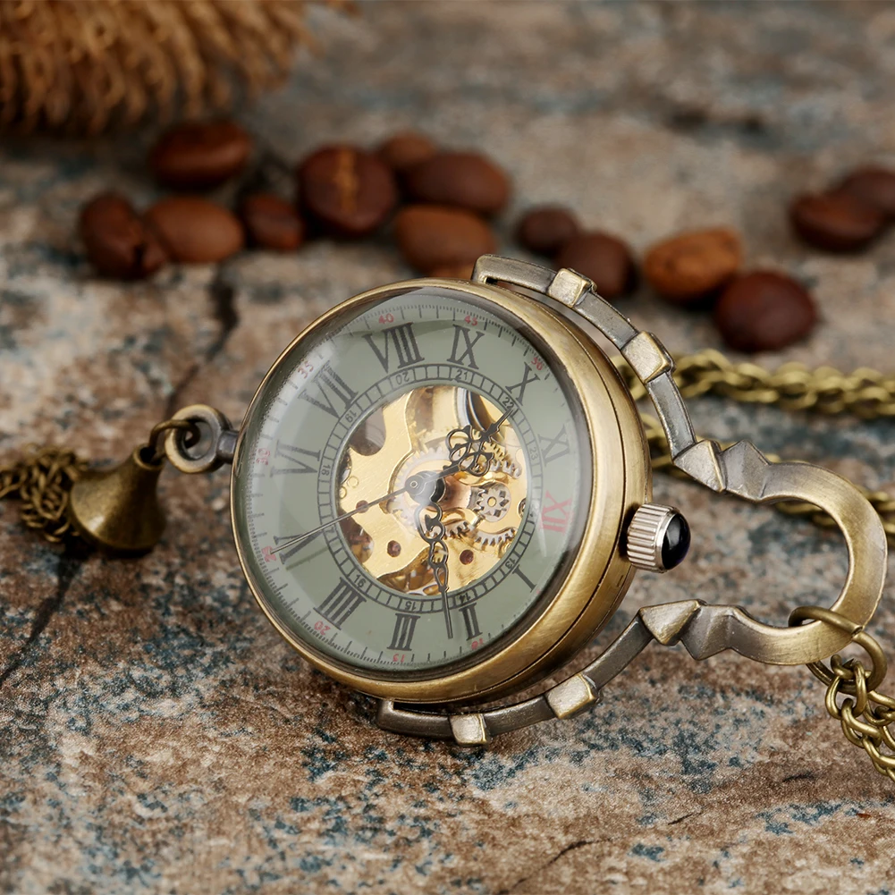 Steampunk Transparent Glass Ball Mechanical Pendant Pocket Watch Chain New Mens P100