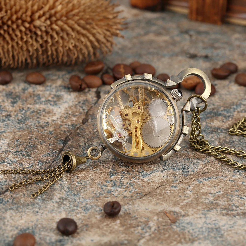 Steampunk Transparent Glass Ball Mechanical Pendant Pocket Watch Chain New Mens P100
