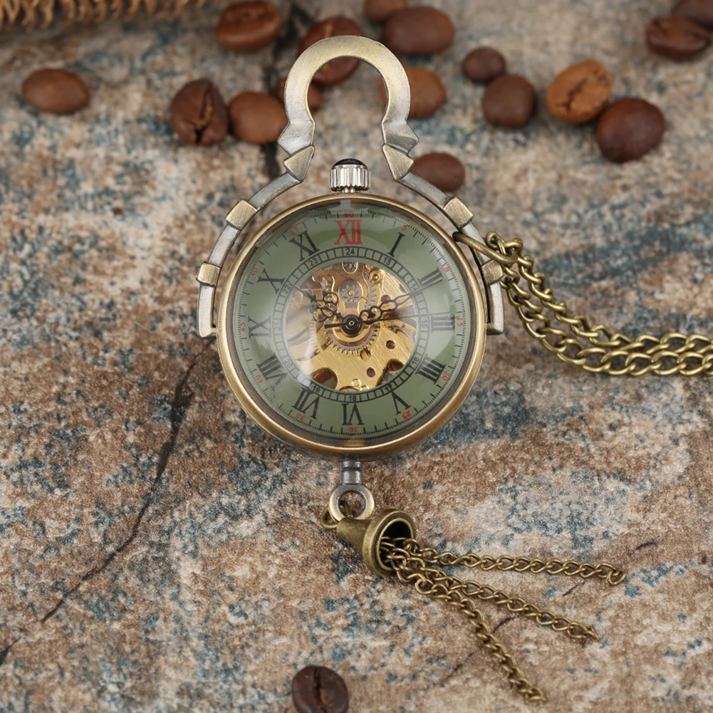 Steampunk Transparent Glass Ball Mechanical Pendant Pocket Watch Chain New Mens P100