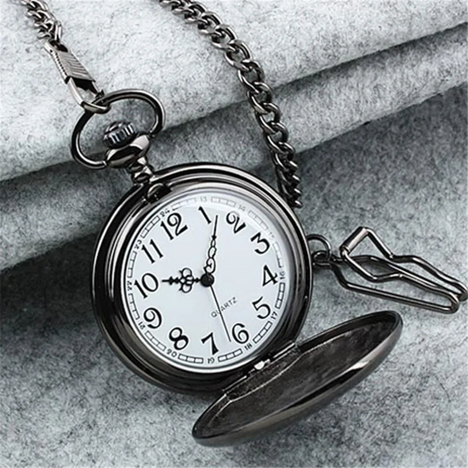 Silver/Black/Gold Smooth Quartz Pocket Watch Men Women Necklace Clock Metal Alloy Watches Pendant with Fob Chain Necklace Gifts