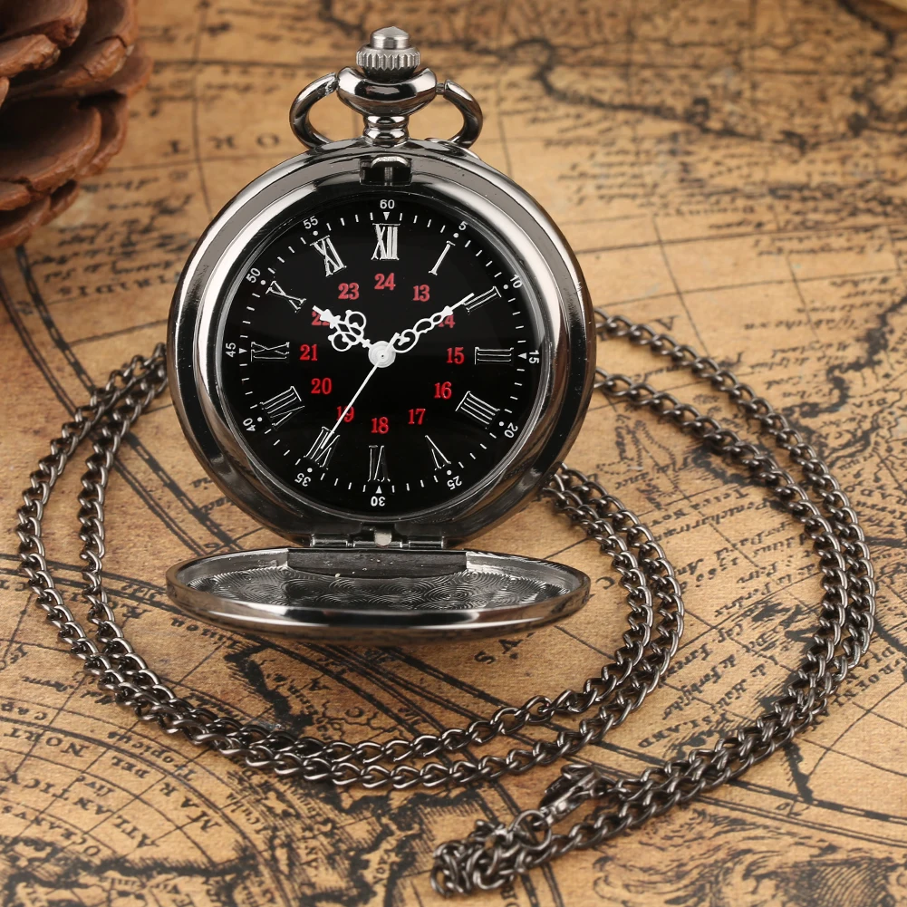Silver/Black/Gold Smooth Quartz Pocket Watch Men Women Necklace Clock Metal Alloy Watches Pendant with Fob Chain Necklace Gifts