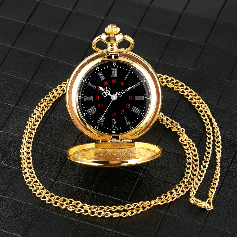 Silver/Black/Gold Smooth Quartz Pocket Watch Men Women Necklace Clock Metal Alloy Watches Pendant with Fob Chain Necklace Gifts