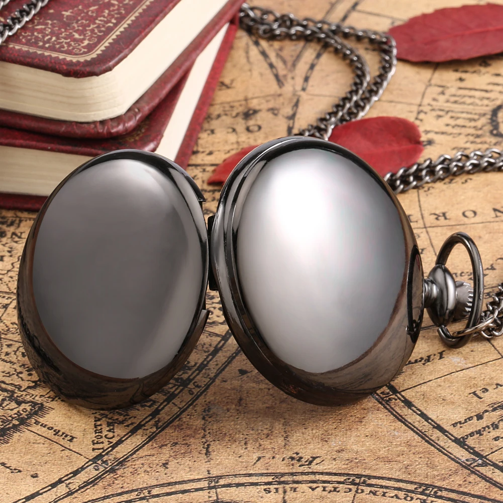 Silver/Black/Gold Smooth Quartz Pocket Watch Men Women Necklace Clock Metal Alloy Watches Pendant with Fob Chain Necklace Gifts