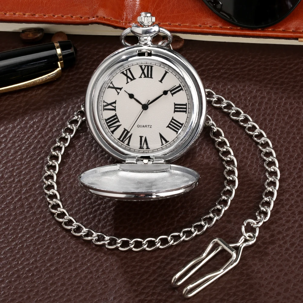 Silver/Black/Gold Smooth Quartz Pocket Watch Men Women Necklace Clock Metal Alloy Watches Pendant with Fob Chain Necklace Gifts