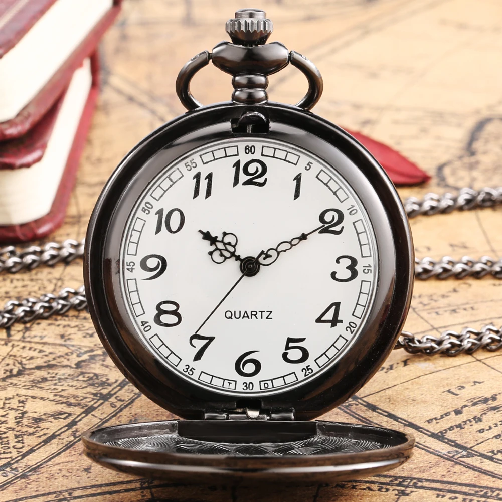Silver/Black/Gold Smooth Quartz Pocket Watch Men Women Necklace Clock Metal Alloy Watches Pendant with Fob Chain Necklace Gifts