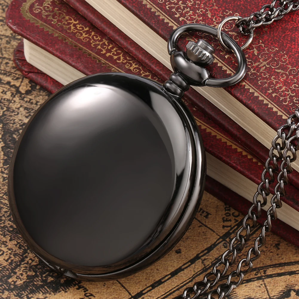 Silver/Black/Gold Smooth Quartz Pocket Watch Men Women Necklace Clock Metal Alloy Watches Pendant with Fob Chain Necklace Gifts