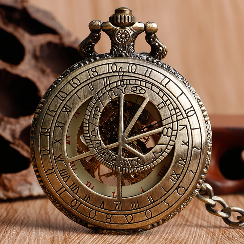 Retro Bronze Roman Number Skeleton Mechanical Pocket Watch Hand-winding Fob Watches Birthday Christmas Gift