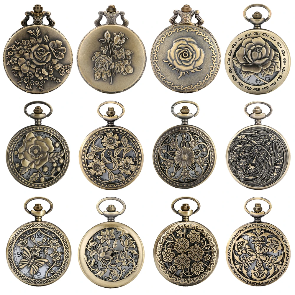 Vintage Bronze Flowers Quartz Analog Pocket Watch Gift Men Women Necklace Pendant Pocket Clock Arabic Numerals Dial Retro Watch