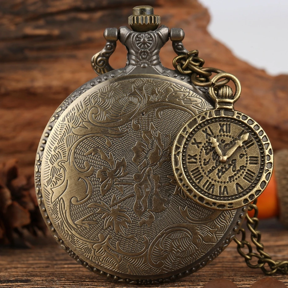 Bronze Women Watches Cute Rabbit Quartz Pocket Watch Pendant Necklace Chain Clock Girls Kids Gifts with Carousel Accessory