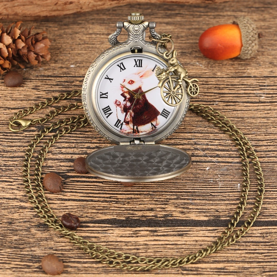 Bronze Women Watches Cute Rabbit Quartz Pocket Watch Pendant Necklace Chain Clock Girls Kids Gifts with Carousel Accessory