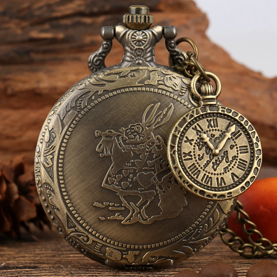 Bronze Women Watches Cute Rabbit Quartz Pocket Watch Pendant Necklace Chain Clock Girls Kids Gifts with Carousel Accessory