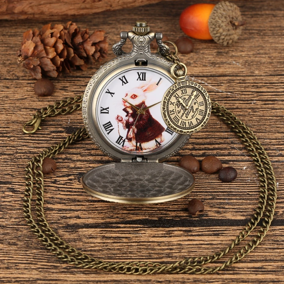 Bronze Women Watches Cute Rabbit Quartz Pocket Watch Pendant Necklace Chain Clock Girls Kids Gifts with Carousel Accessory